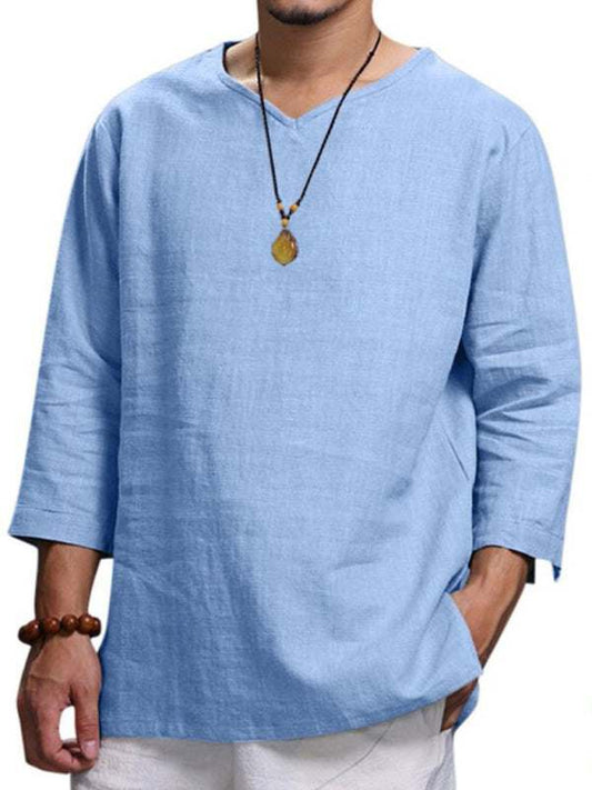 Men's long sleeve V neck cotton linen loose shirt in light blue with self design, ideal for spring-summer leisure wear.