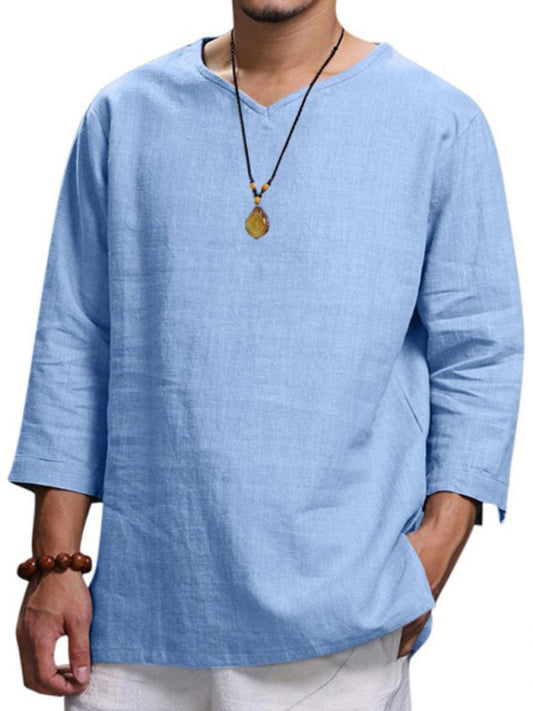 Men's Relaxed Fit V Neck Ramie Cotton Blend Shirt for Casual Style
