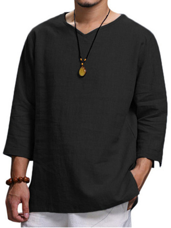 Men's Relaxed Fit V Neck Ramie Cotton Blend Shirt for Casual Style
