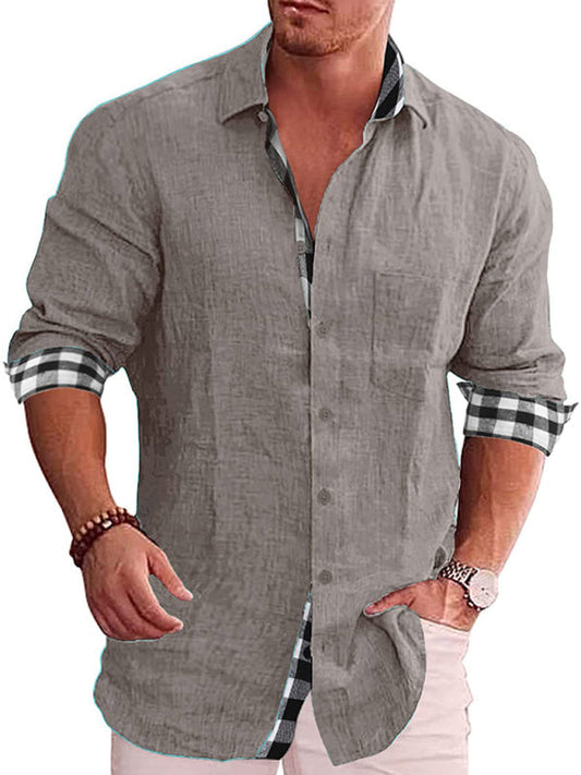 Sophisticated Plaid Men's Cotton Linen Shirt - Stylish Long Sleeve Choice