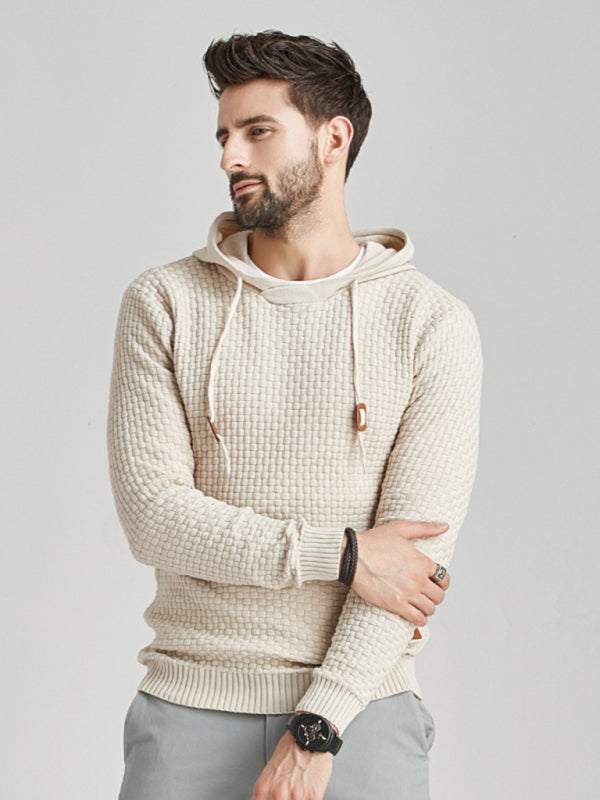 Hooded pullover knitwear sports casual men's sweater in beige with long sleeves.