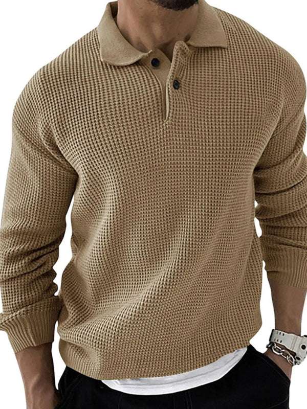 Men's fashion urban slim long sleeve knitted sweater with lapel collar in tan color.