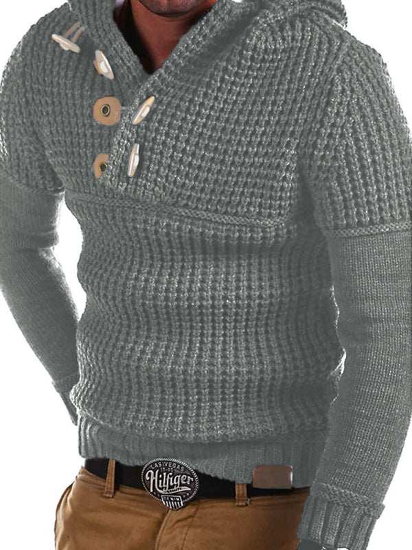 Sleek Men’s Lapel Collar Pullover Sweater with Unique Horn Button Detail