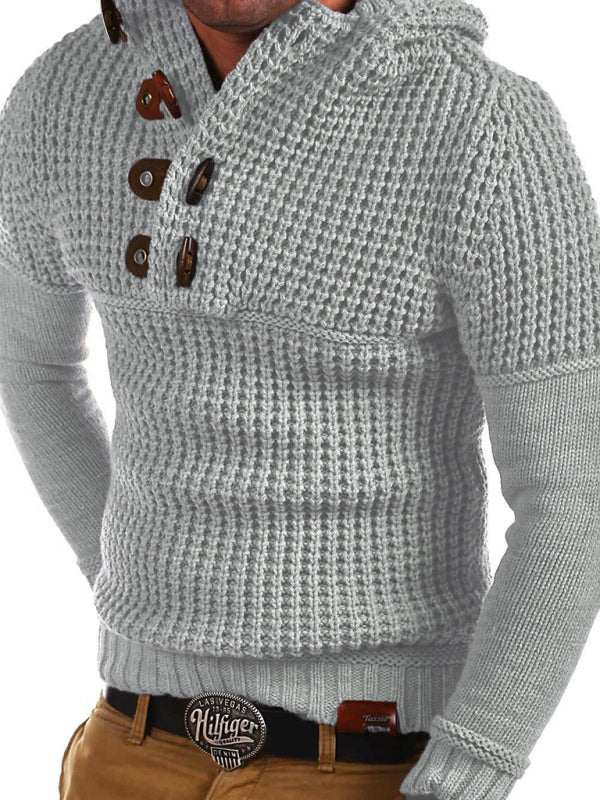 Men's solid color lapel collar diagonal button pullover sweater.