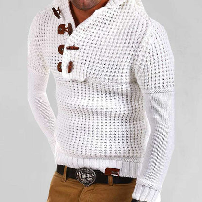 Sleek Men’s Lapel Collar Pullover Sweater with Unique Horn Button Detail