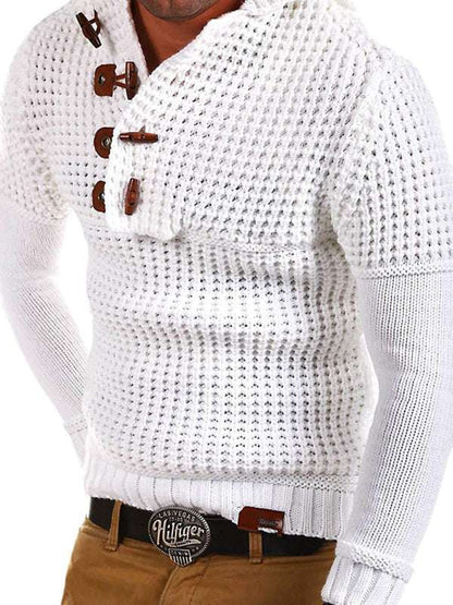 Sleek Men’s Lapel Collar Pullover Sweater with Unique Horn Button Detail