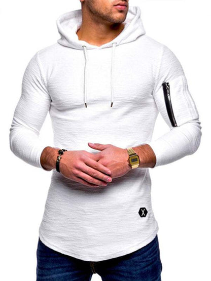 Men's solid color hooded casual long-sleeve T-shirt in white, with polyester fabric and a zippered arm pocket.