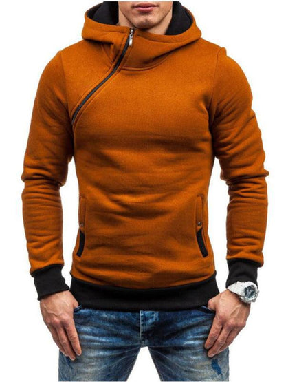 Stylish Men's Long-Sleeve Hoodie with Diagonal Zipper - Comfortable Solid Color for Every Occasion