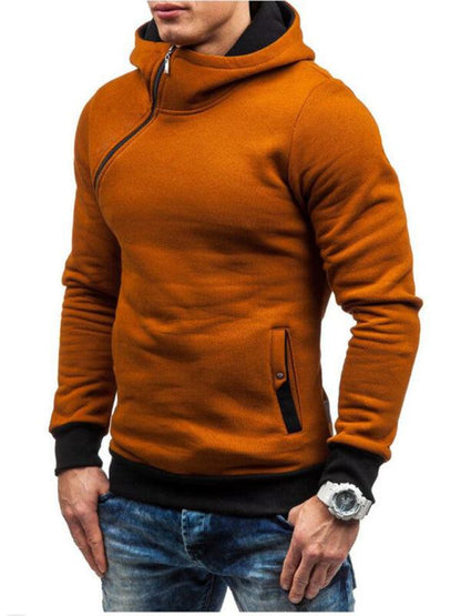 Stylish Men's Long-Sleeve Hoodie with Diagonal Zipper - Comfortable Solid Color for Every Occasion