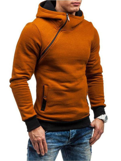 Stylish Men's Long-Sleeve Hoodie with Diagonal Zipper - Comfortable Solid Color for Every Occasion