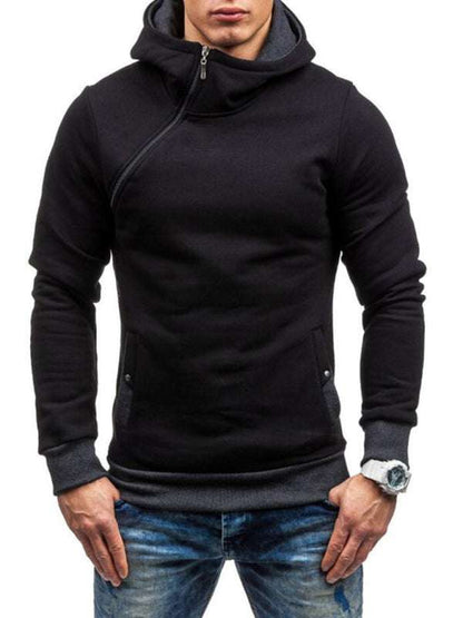 Stylish Men's Long-Sleeve Hoodie with Diagonal Zipper - Comfortable Solid Color for Every Occasion