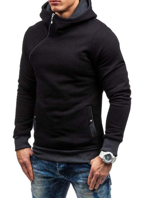 Stylish Men's Long-Sleeve Hoodie with Diagonal Zipper - Comfortable Solid Color for Every Occasion