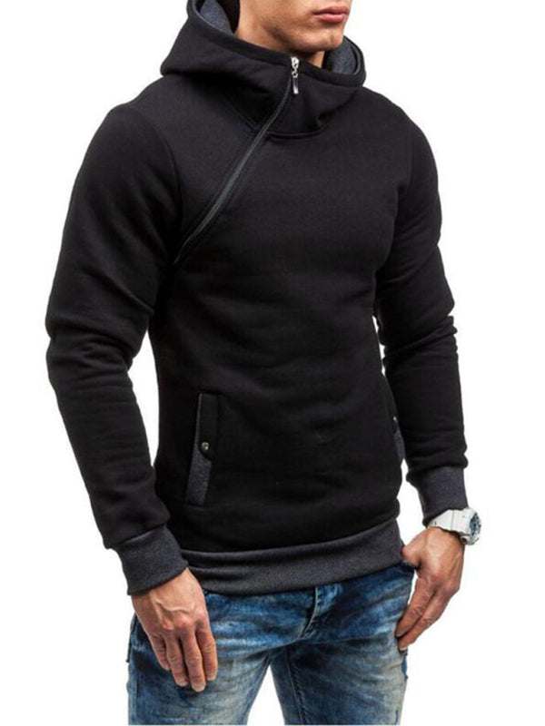 Stylish Men's Long-Sleeve Hoodie with Diagonal Zipper - Comfortable Solid Color for Every Occasion