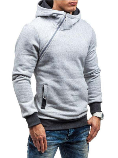 Stylish Men's Long-Sleeve Hoodie with Diagonal Zipper - Comfortable Solid Color for Every Occasion