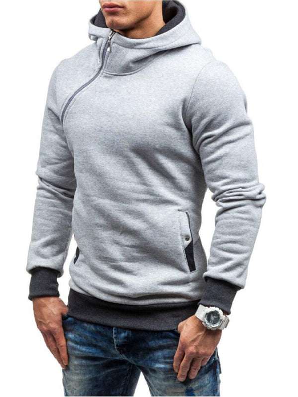 Stylish Men's Long-Sleeve Hoodie with Diagonal Zipper - Comfortable Solid Color for Every Occasion