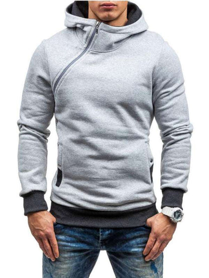 Stylish Men's Long-Sleeve Hoodie with Diagonal Zipper - Comfortable Solid Color for Every Occasion