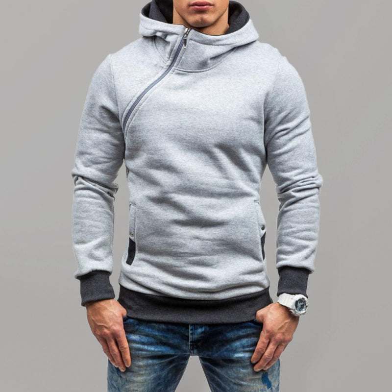 Men's solid color long-sleeved hoodie with diagonal zipper, front view.