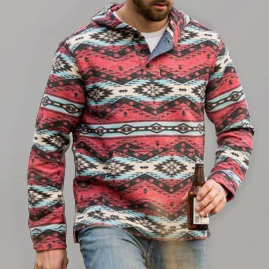 Men's retro geometric print long sleeve hoodie with vibrant patterns and hooded design.