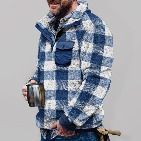 Men's plaid print plush sweatshirt with lapel collar and flap pocket.