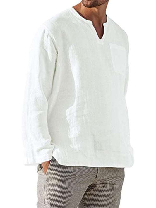 Men's long sleeve V neck casual beach linen shirt in white fabric with welt pocket.