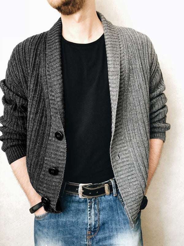 Men's color block single breasted casual knit cardigan with long sleeves, featuring an open front design.