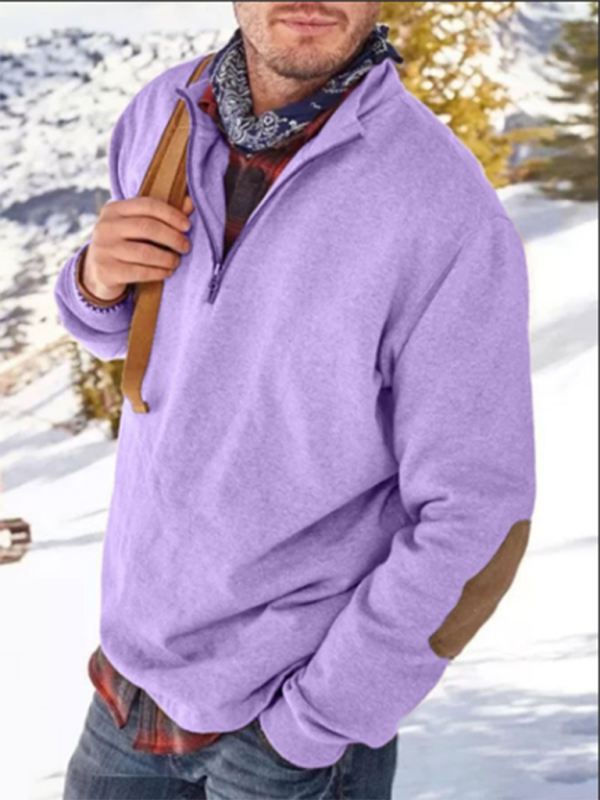 Men's fashion casual half zipper loose pullover sweatshirt in lavender, long sleeves, standing collar, leisure style.