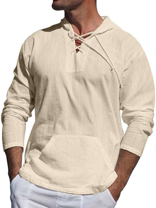 Men's casual cotton linen hooded long-sleeved shirt with tie detail.