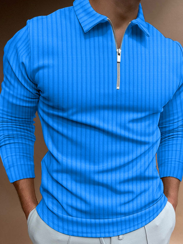 Men's Zipper Accent Striped Long-Sleeve POLO Shirt
