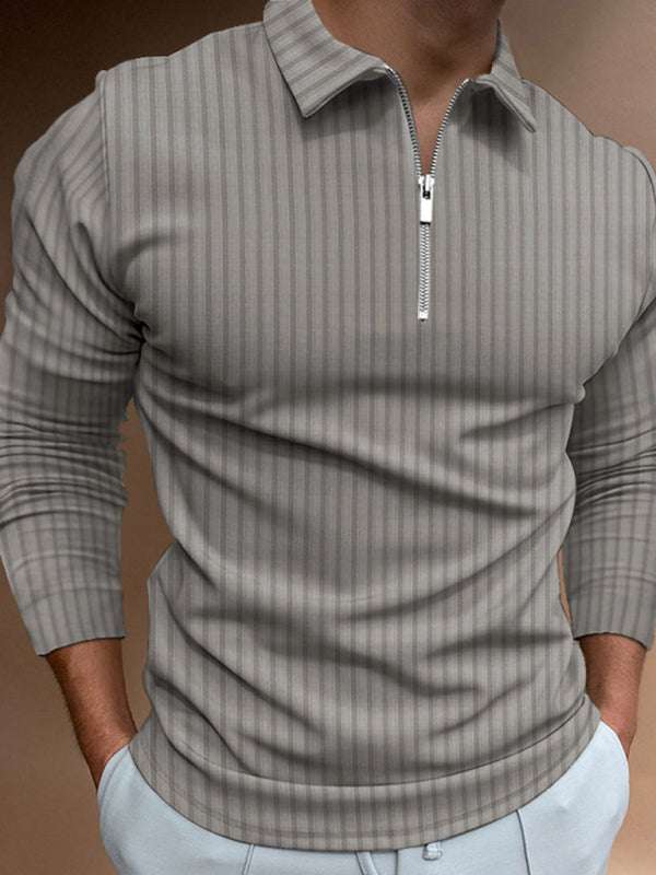 Chic Men's Zippered Striped Long-Sleeve Polo Shirt - Effortless Style for Every Occasion