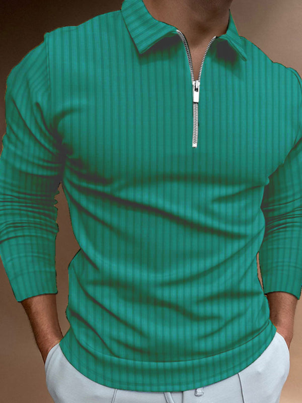 Men's Zipper Accent Striped Long-Sleeve POLO Shirt