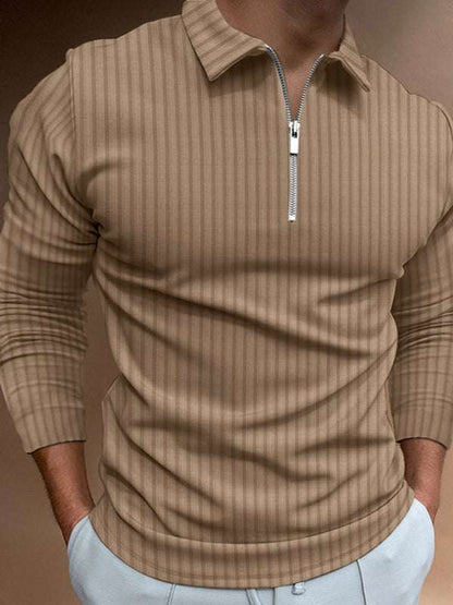 Chic Men's Zippered Striped Long-Sleeve Polo Shirt - Effortless Style for Every Occasion