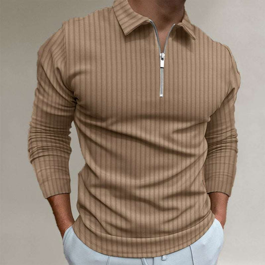 Men's solid color zipper striped long-sleeved polo shirt with lapel collar, polyester fabric.