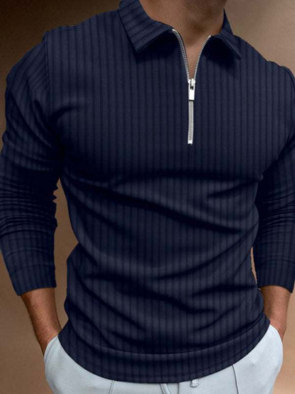 Chic Men's Zippered Striped Long-Sleeve Polo Shirt - Effortless Style for Every Occasion