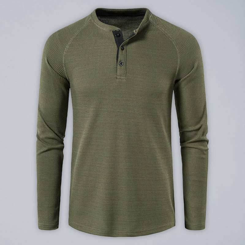 Men's solid-color button-down long-sleeve T-shirt, round neck, polyester blend, spring-summer style.