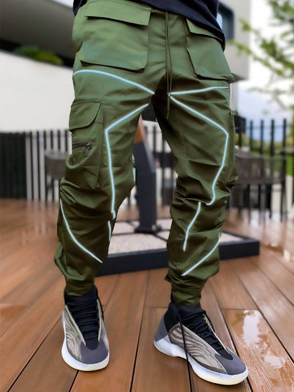 Men's trendy loose straight cargo pants with multi-pockets in green, polyester, mid waist, street style, spring-summer wear.