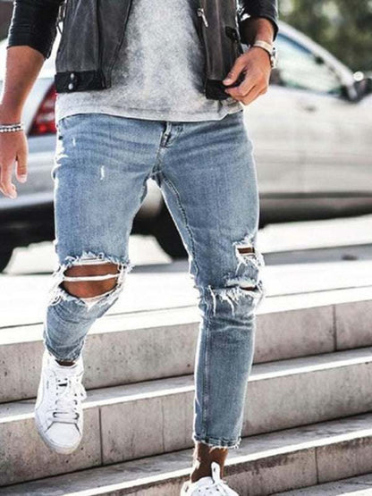 Stylish Mid-Waist Ripped Pencil Jeans for Men - Casual Comfort Meets Trendy Elegance