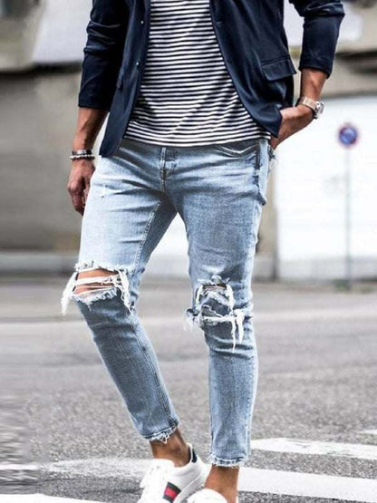 Stylish Mid-Waist Ripped Pencil Jeans for Men - Casual Comfort Meets Trendy Elegance