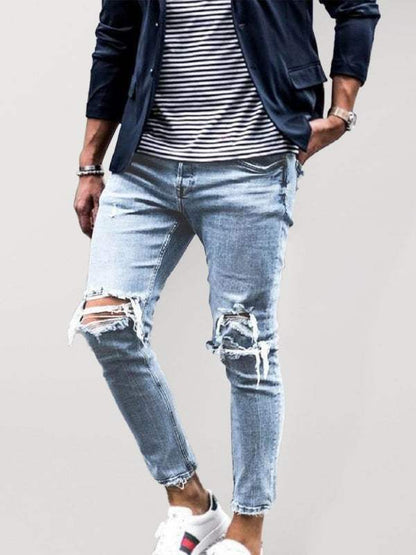 Men's solid casual ripped pencil jeans, mid-waist, PU leather material.