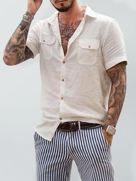 Casual Men's Short Sleeve Shirt with Two Front Pockets