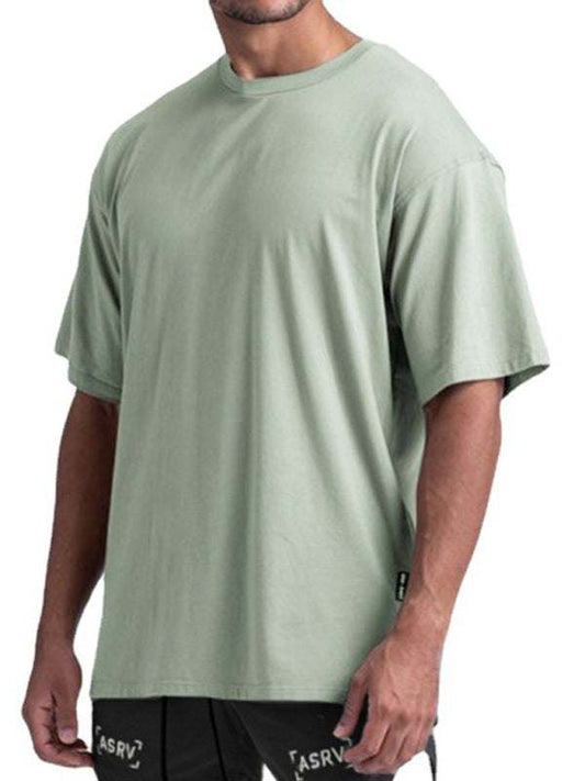 Men's green knitted casual sports T-shirt, short-sleeved, round neck, quick-drying fabric.