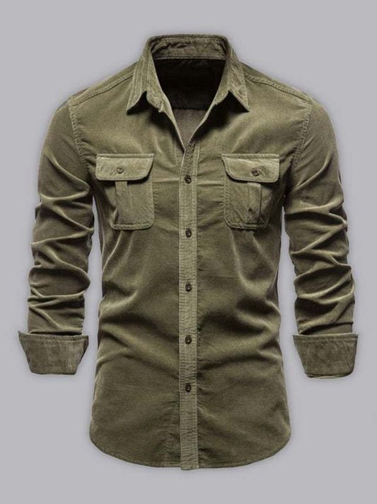 Men's corduroy slim-fit casual long-sleeve shirt in olive green with lapel collar and flap pockets.