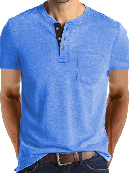 Men's Henley neck cotton leisure T-shirt in solid blue with welt pocket.