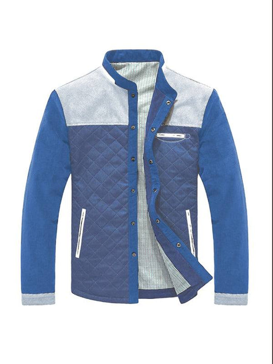 Non-hooded blue casual youth jacket with side seam pockets and quilted design.