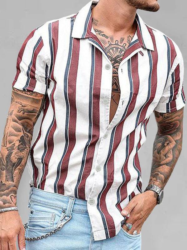 Casual striped slim-fit lapel cotton short-sleeved shirt cardigan for youth.