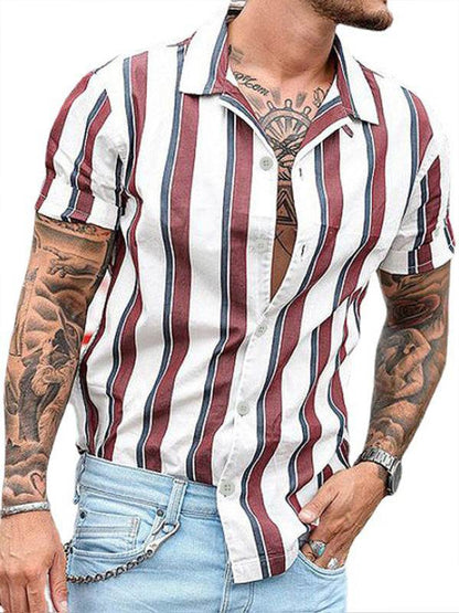 Trendy Striped Slim-Fit Lapel Cardigan - Lightweight Short-Sleeve Shirt for Effortless Style