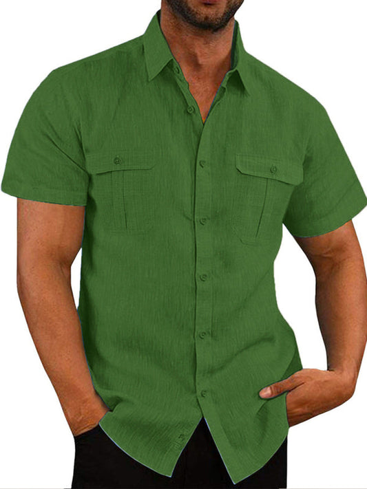 Double Pocket Men's Cotton Linen Shirt for Casual Vacation Style