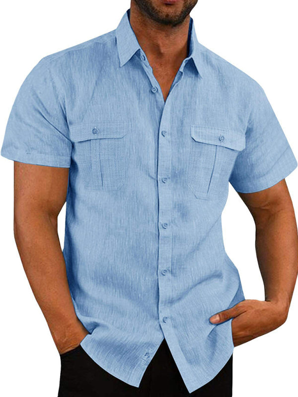 Double Pocket Men's Cotton Linen Shirt for Casual Vacation Style