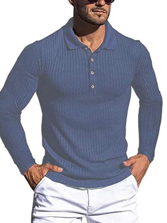 Men's high elastic long sleeve blue polo shirt with vertical stripes and lapel collar.