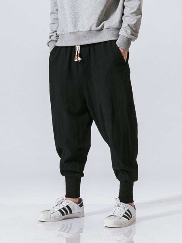 Chic Linen Hip Hop Trousers for Men - Breathable Cotton Blend Casual Pants in Solid Colors