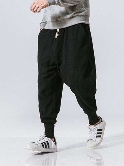 Chic Linen Hip Hop Trousers for Men - Breathable Cotton Blend Casual Pants in Solid Colors